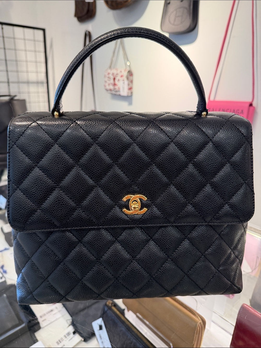 CHANEL Black Quilted Top Handle Satchel with Gold CC